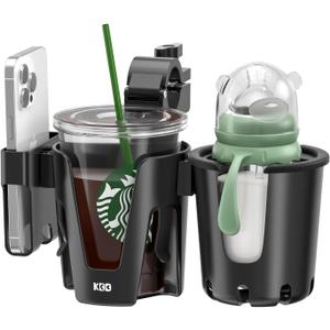 KDD Stroller Cup Holder with Phone Holder, 3-in-1 Removable Bottle Holder, 360 Degrees Rotation Drink Holder for Wheelchair, Stroller, Bike, Walker, Scooter, Bicycle, Uppababy, Bugaboo, Britax (Black)