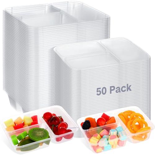 Zhehao 50 Pack 17 oz Clear Snack Containers with Lids 3 Compartment Box Containers Bulk Plastic Bento Snack Boxes for Lunch Work Travel Sauce Dip Condiments