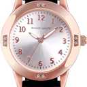 Women's Leather Band Quartz Movement Waterproof Business Classic Analog Watch with Genuine Leather Stainless Steel Band Elegant Ladies Watch (Black)