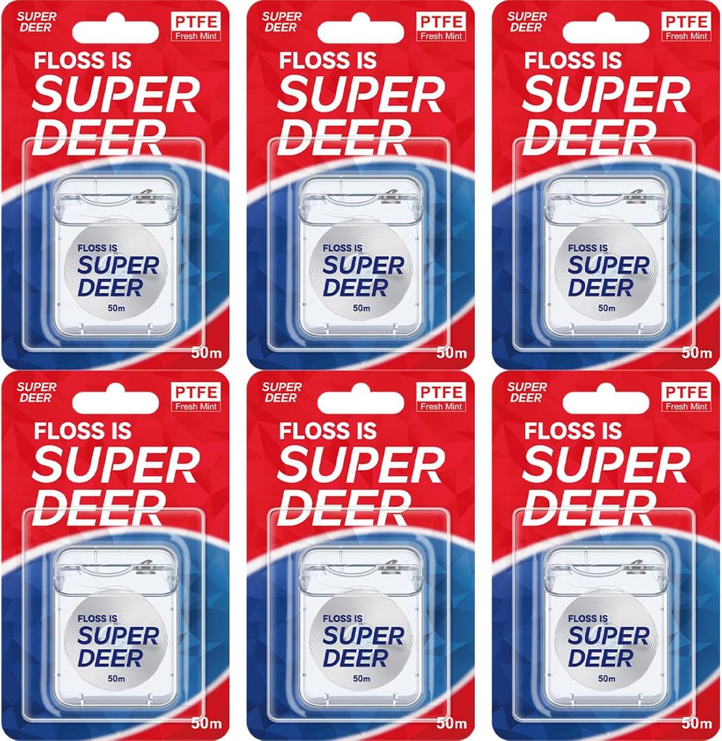 Super Deer Flat Dental Floss, Mint Flavored PTFE Tape - Shred Resistant, Expands & Stretches for Deep Clean, Gentle on Gums, Plaque Remover, Slides Smoothly, 55 yd (6) (6 Count (Pack of 1)
