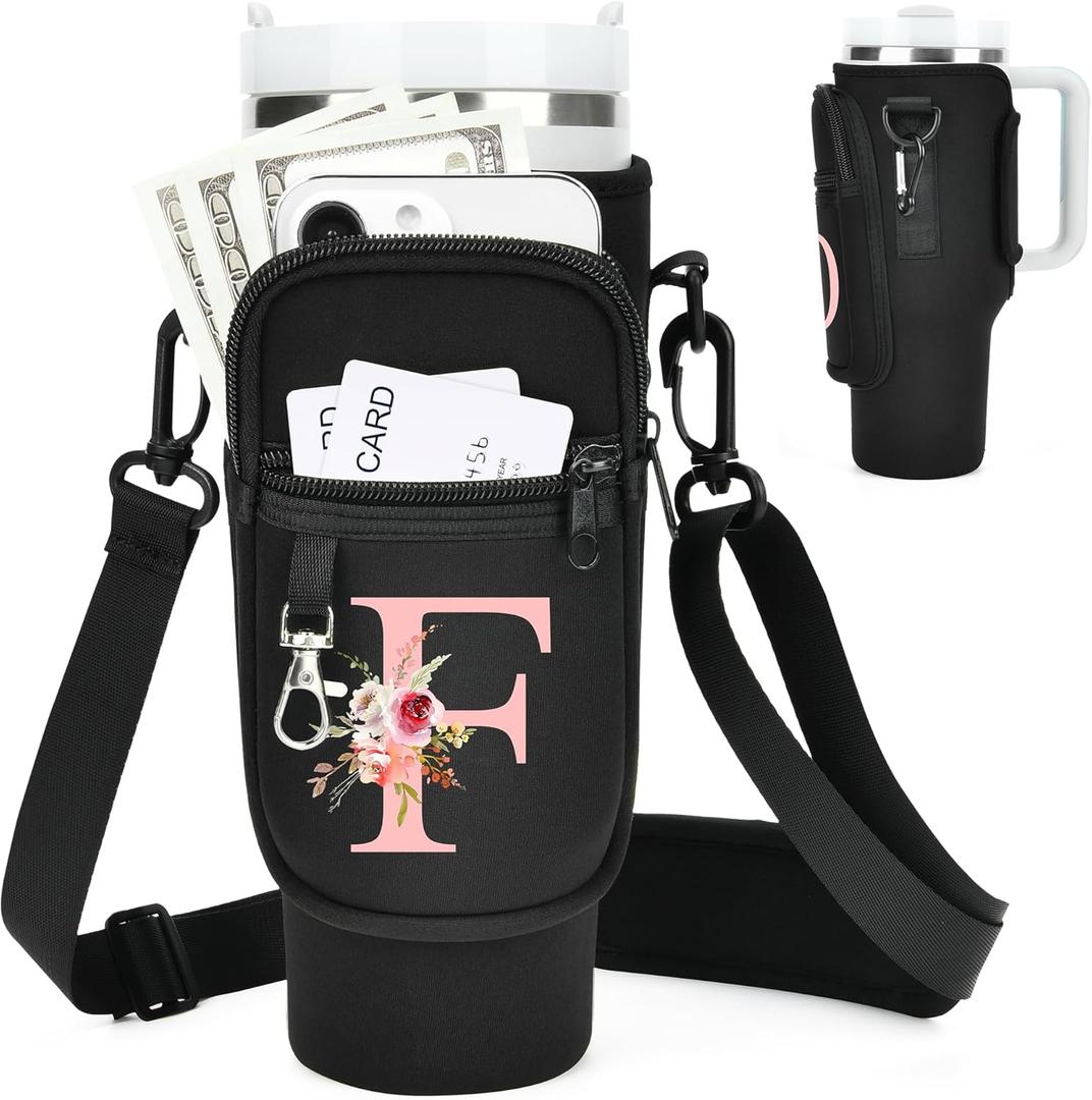 Initial Water Bottle Holder with Strap for Stanley Cup Accessories 40 oz Tumbler/Simple Modern Tumbler Bag, Water Bottle Carrier Bag with Strap for Men Women Gift Hiking, Travel, Camping, Walking Gym (Black)
