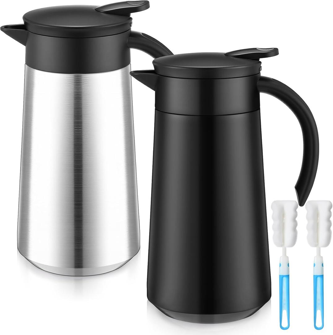 Honeydak 2 Pcs Coffee Carafe Airpot 27 oz Insulated Stainless Steel Vacuum Thermal Pot with Brushes Dispenser Coffee Carafe for Keeping Hot Water Tea 12 Hours Hot 8 Hours Cold(Silver, Black)