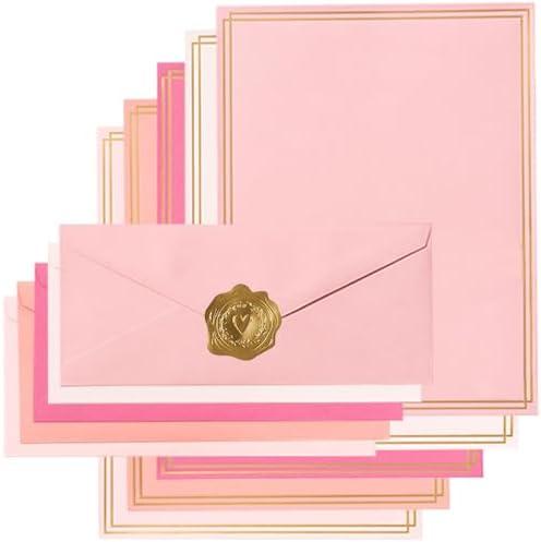 50 Pack Colored Stationery Set, 5 Colors #10 Business Envelopes, Pink | 50 Sheets 8.5x11 Paper, Gold Stickers, For Office, Letters, Invitations