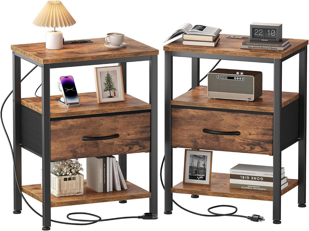 OLIXIS Nightstands Set of 2 with Charging Station, Bedside Tables with USB Ports and Fabric Drawer, Small Night Stand with Open Adjustable Shelf, Compact End Table for Bedroom, Rustic Brown
