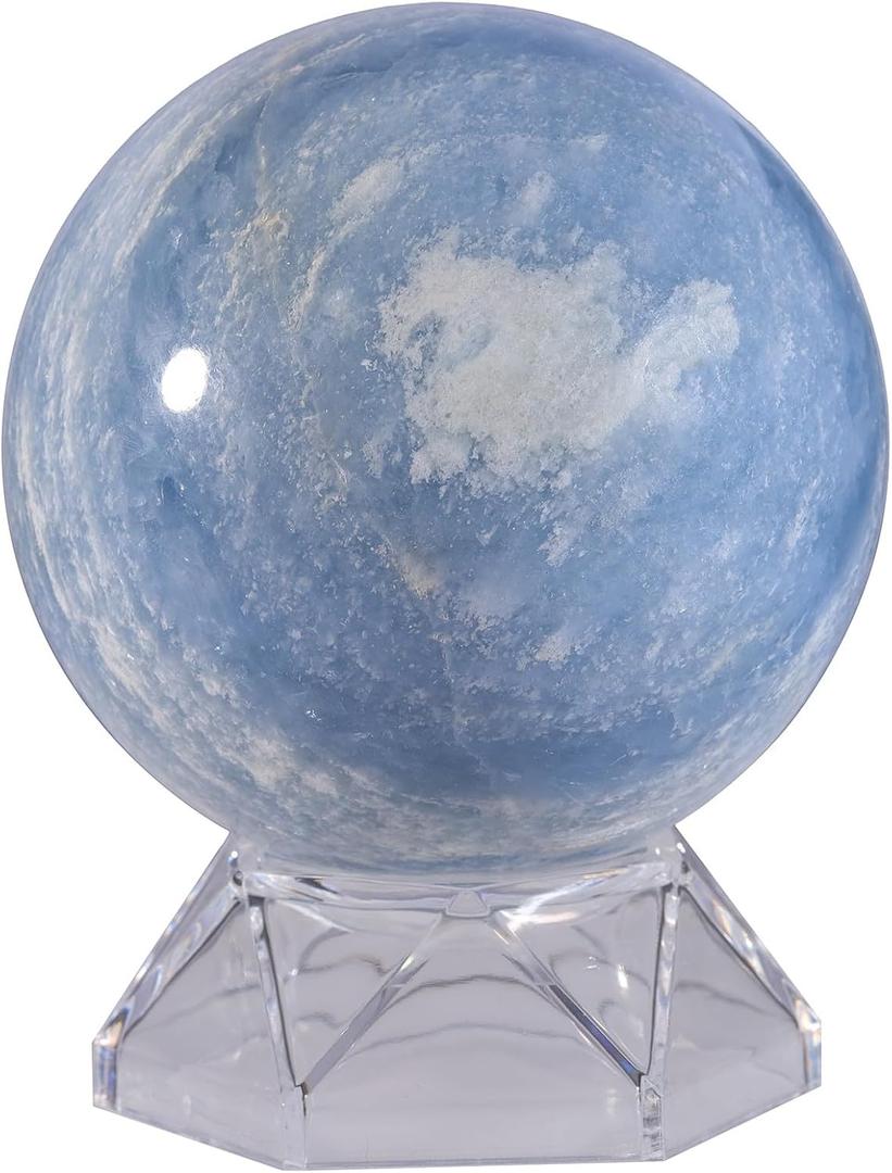 Sportmusies Natural Blue Celestite Stone Sphere with Acrylic Stand, Polished Crystal Ball Decoration for Home & Office (2.36 - 2.76 inches)