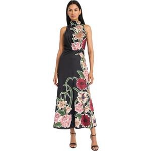 Maggy London Women's Dresses Women's Sleeveless Mock Neck Maxi Dress - Elegant Floral Print for Wedding Guest - Versatile Formal Dresses, Black/Persian Red, 12