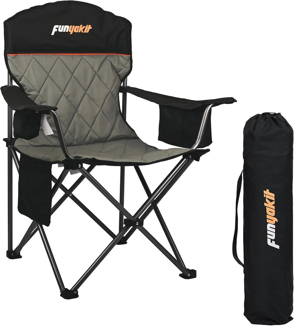 Heavy Duty Fully Padded Camping Chairs 350LBS Capacity Portable Chair Folding Chair with Cooler Bag and Cup Holder for Outdoor,Sports,Beach,Fishing, Hiking, Travel, Picnic, Backyard1PC, 18.5 inches