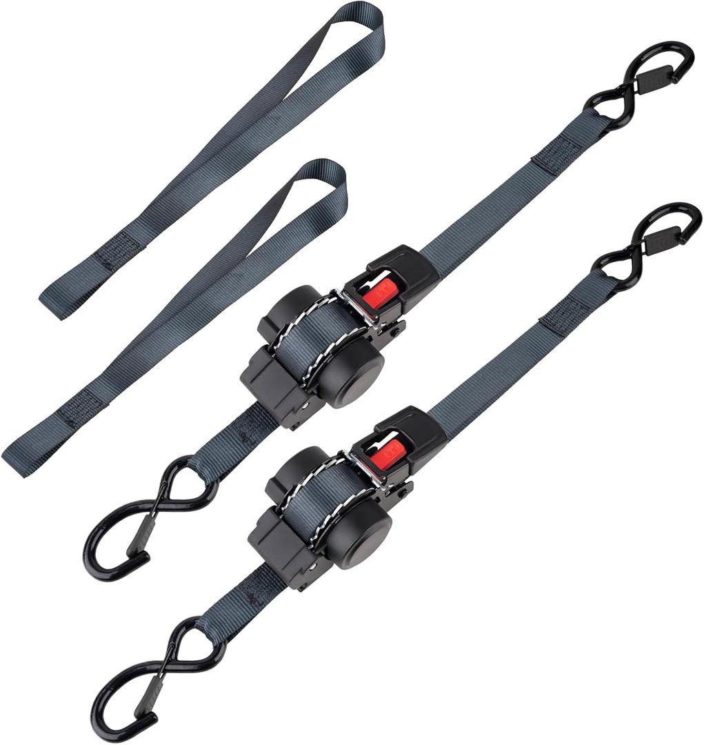 2PCS Self-Retracting Ratchet Tie Down - 1 Inch x 10 FT, Ratcheting Straps with Auto Rewind, 1200 lb Break Strength, No Loose Ends for Motorcycle, Cargo, Truck, Trailer