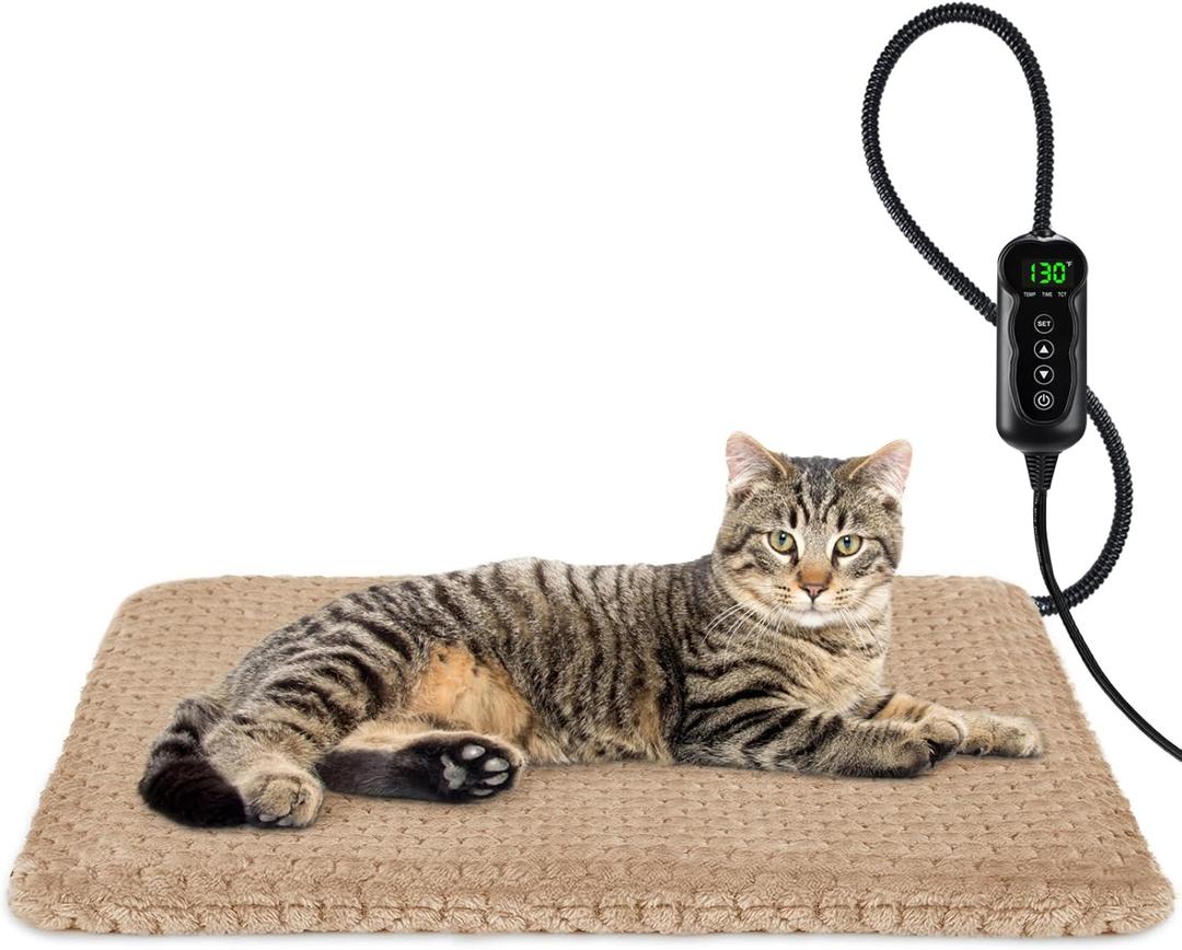 INVENHO Heated Cat Bed, Waterproof Adjustable Temperature Dog Cat Heating Pad with Timer, Indoor Pet Heating Pad for Cats Dogs Electric Pads for Dogs Cats, Pet Heated Pad (S: 18" x 16", Brown)