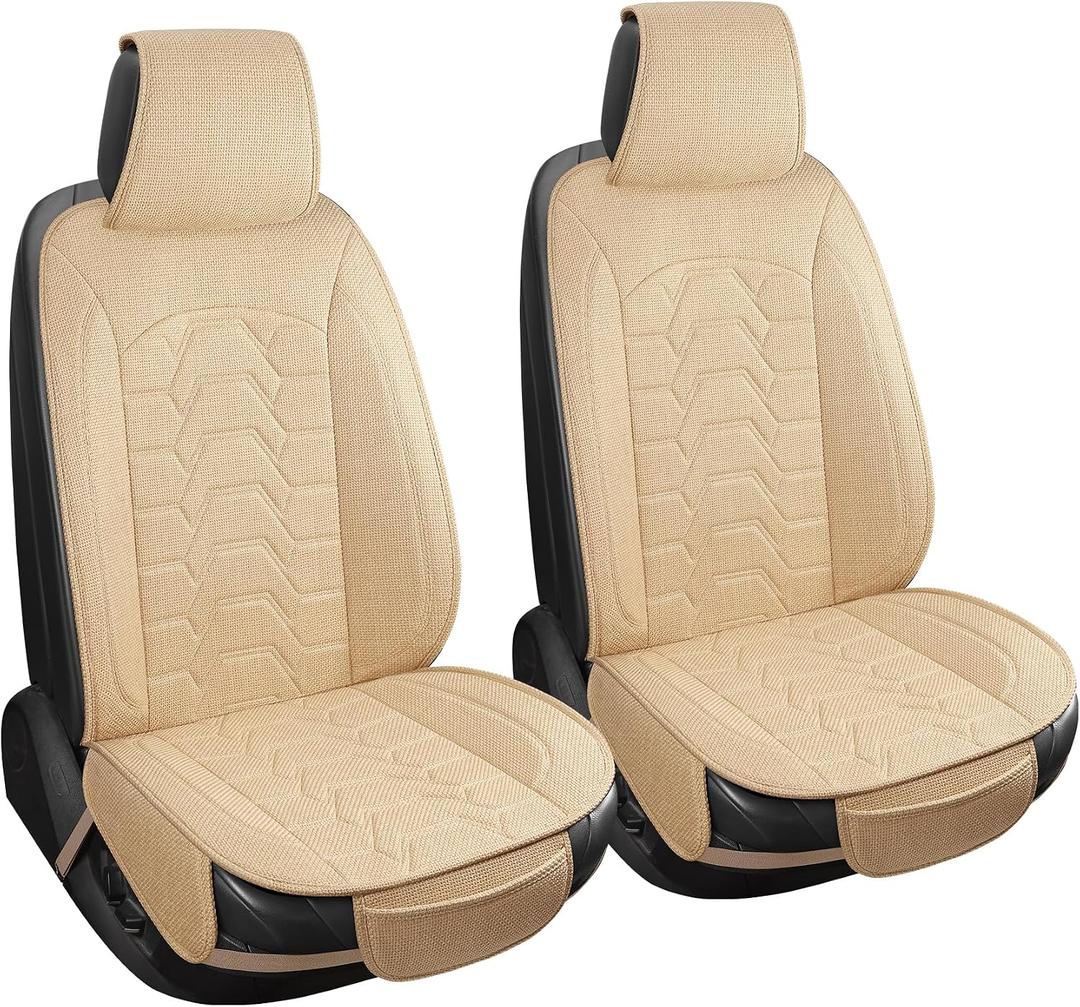Linen car Seat Covers Breathable Cloth Fabric Seat Protector Front seat Covers Universal Fit for 95% Automotive, Car, Van, SUV, Trucks Beige2PCS