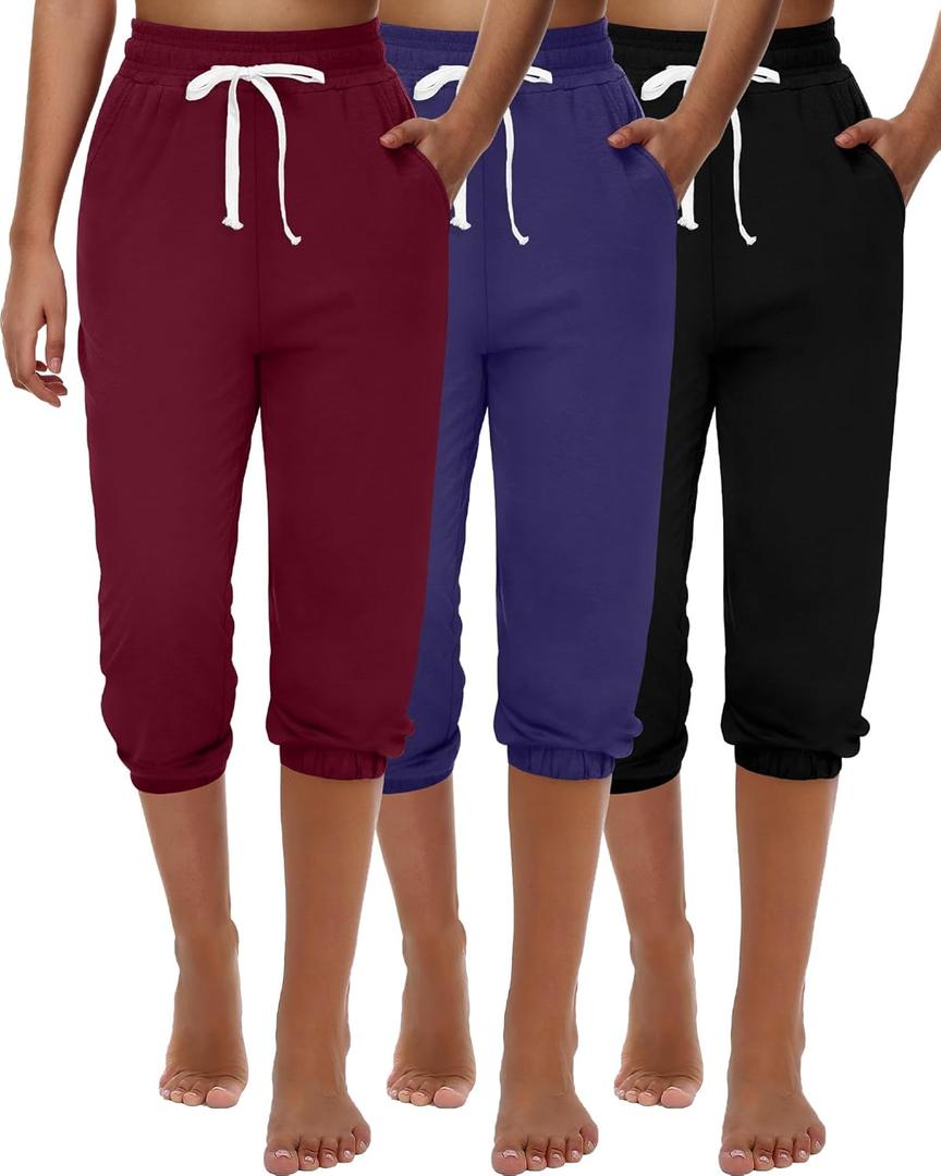Ficerd 3 Pcs Women's Capri Sweatpants Joggers Summer Casual Sports Cropped Lounge Pants High Waisted Athletic with Pockets (X-Large, Black, Red, Navy Blue)