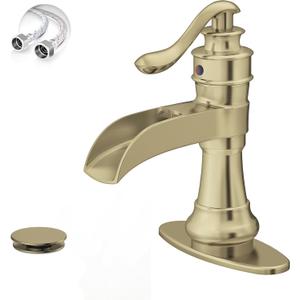Brushed Gold Bathroom Faucet, Waterfall Bathroom Sink Faucet, 1 Hole Single Handle Farmhouse Lavatory Vanity Deck Mount Vintage with Pop Up Drain with Overflow Parts Mixer Tap