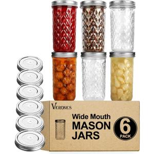 VERONES Wide Mouth Mason Jars 22 oz, 22 OZ Mason Jars Canning Jars Jelly Jars With Wide Mouth Lids, Ideal for Jam, Honey, Wedding Favors, Shower Favors, 6 PACK,EXTRA 6 Lids with Straw Hole