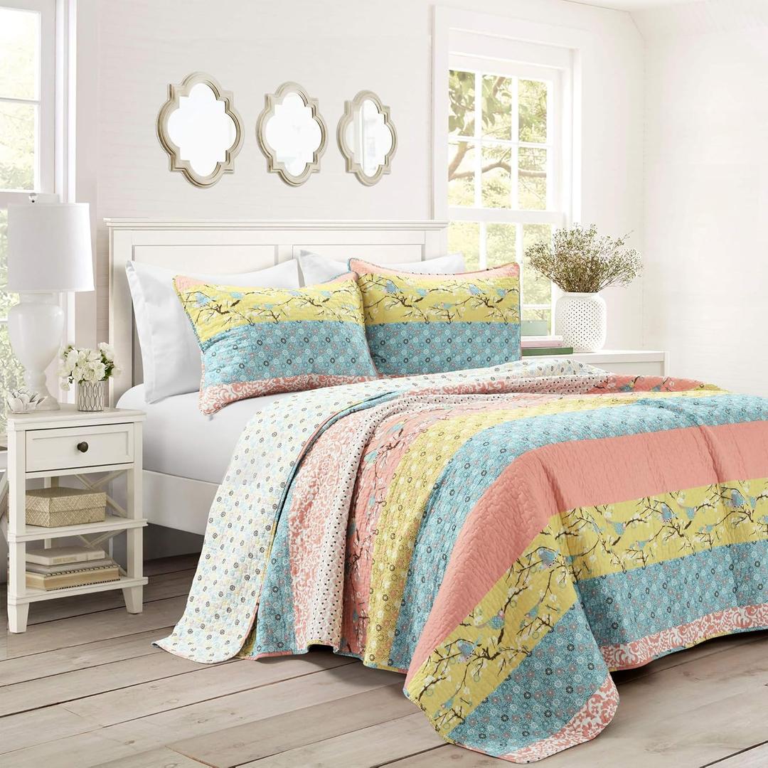 Lush Decor Royal Empire Reversible Cotton Quilt Set - 3 Piece Striped Bedding Set - Bold & Colorful Bohemian Patterns - Soft Cotton Feel - Full/ Queen, Blue and Coral