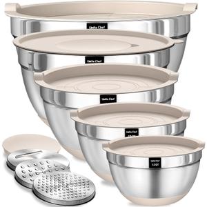 Umite Chef Mixing Bowls with Airtight Lids Set, 8PCS Stainless Steel Khaki Nesting Bowls with Grater Attachments, Kitchen Bowls with Non-Slip Bottoms, Size 5, 4, 3.5, 2, 1.5QT for Mixing & Serving
