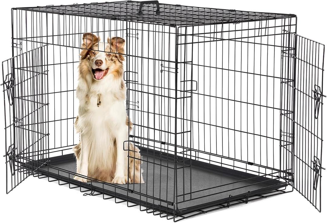 Dog Crate, 42 Inch Large Double Door Portable Dog Cage, Metal Wire Pet Kennel with Secure Lock, Leak-Proof Pan Tray, Foldable Design for Dogs Pets Indoor Training and Outdoor Trave (42.0"L x 26.8"W x 29.1"H)