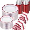 700PCS Red Plastic Plates, Clear Red Disposable Plastic Dinnerware Set for 100 Guests, 200 Plastic Plates, 100 Cups, 100 Pre-Rolled Napkins with Cutlery for Party, Christmas, Birthday, Wedding