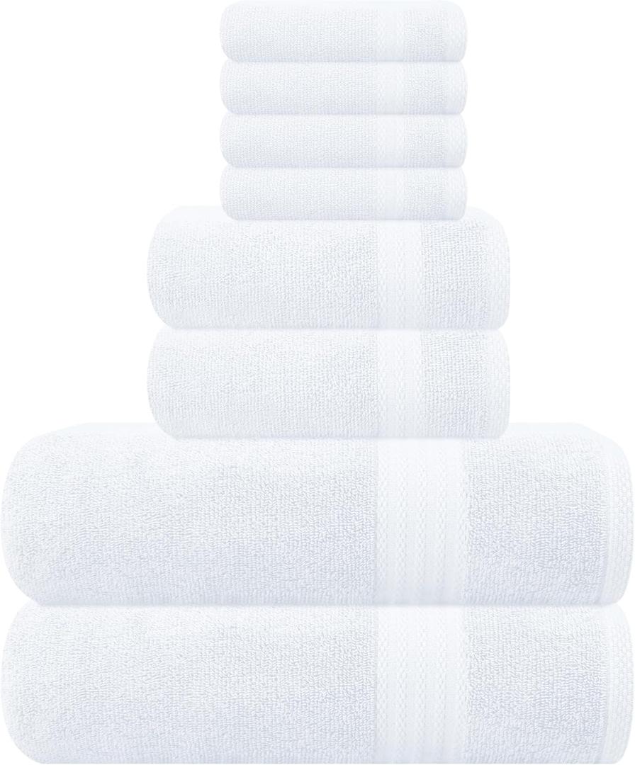 GLAMBURG Ultra Soft 8-Piece Towel Set - 100% Pure Ringspun Cotton, Contains 2 Oversized Bath Towels 27x54, 2 Hand Towels 16x28, 4 Wash Cloths 13x13 - Ideal for Everyday use, Hotel & Spa - White