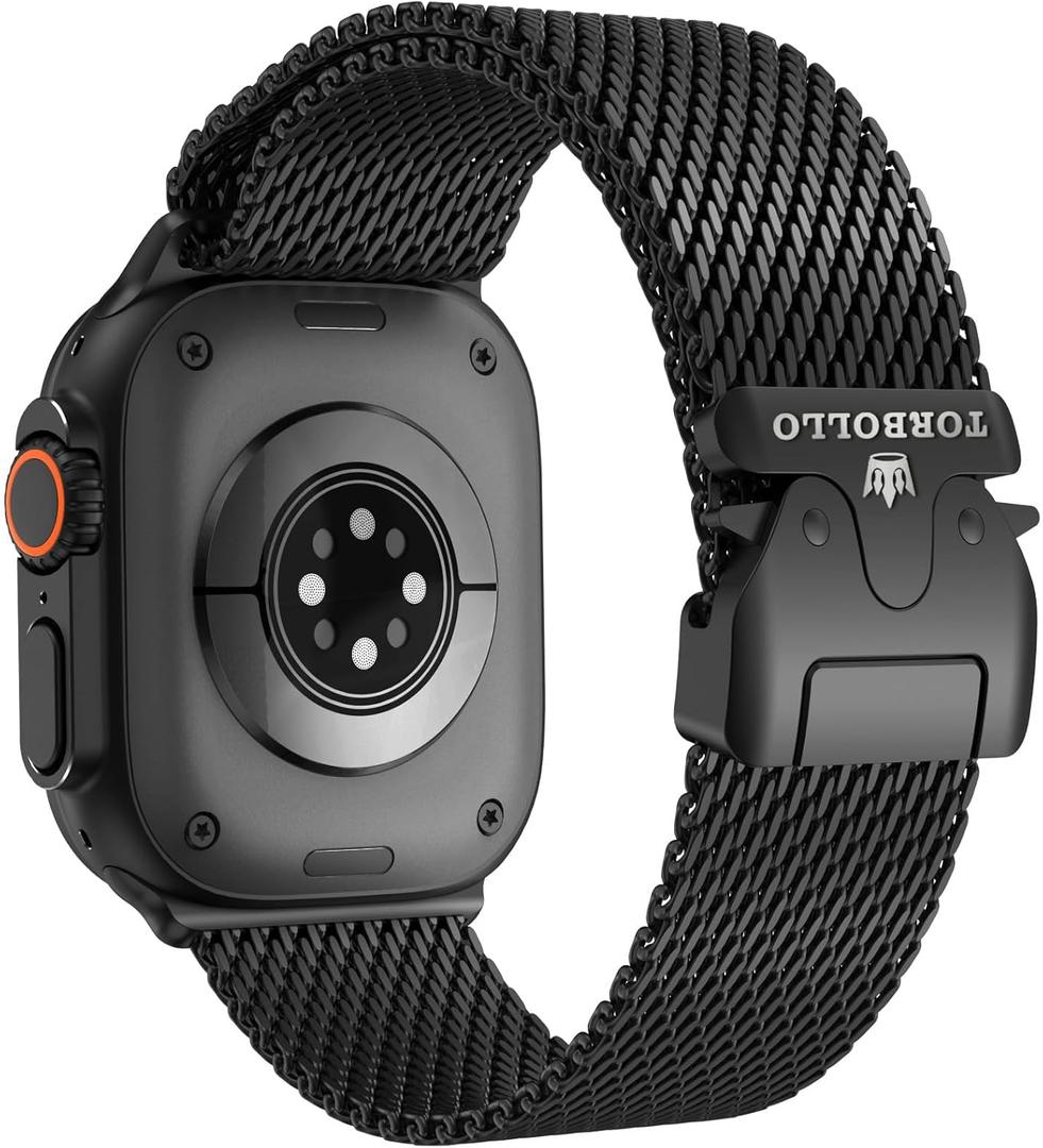 torbollo Compatible with Apple Watch Band for Men, Milanese Mesh Loop for Apple Watch Ultra 2/Ultra 49mm, Series 10 46mm, 9/8/7 45mm, SE2/SE/6/5/4 44mm, 3/2/1 42mm Parachute-style Buckle (Black)