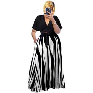 Plus Size Women's 2 Piece Outfits Casual Short Ruffle Sleeve Wrap Crop Top Maxi Long Dress Flowy Matching Sets 2XL, 0816-black White Stripe