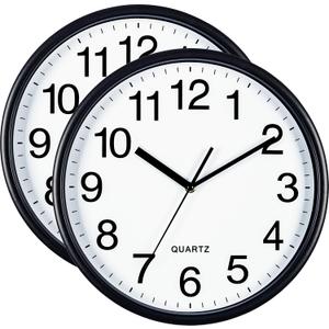 Bernhard Products Black Wall Clocks Large 13 Inch, Silent Non Ticking 2 Pack, Quality Quartz Battery Operated Round Easy to Read Home/Office/Business/Classroom/School Clock
