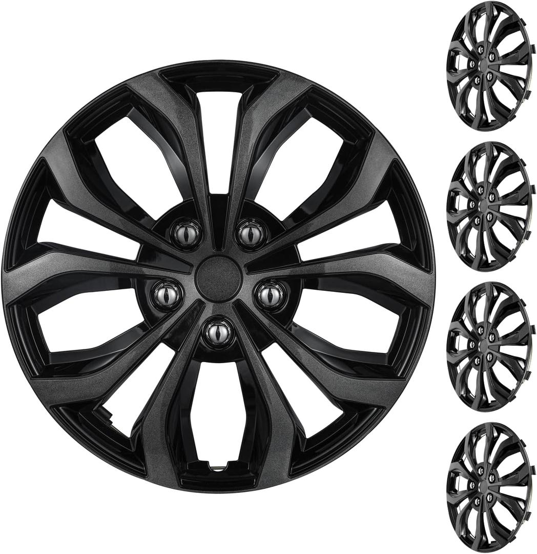 17 Inch Universal Hubcaps, Grey & Black Snap-On Wheel Covers, Compatible with Most Standard Steel Wheels, Cars Sedans & SUV, Set of 4 (Grey and Black)