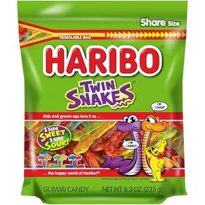 HARIBO Gummi Candy, Twin Snakes Sweet & Sour Gummy Candy, 8.3 Ounce Resealable Share Size Stand Up Bag, Soft & Chewy Snacks, Assorted Fruity Flavors, Pack 4