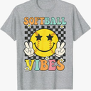 Softball Vibes Softball Smile Face Groovy Game Day Girls T-Shirt, Gray, Size L