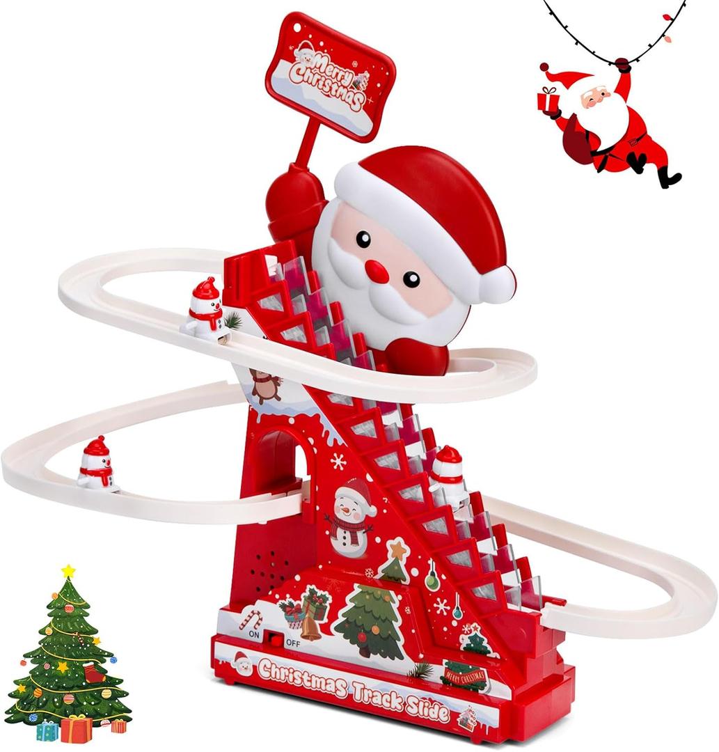 Climbing Stair Slide Toy for Toddler, Racing Tack Playset with Music and Light, Christams Toy, Santa Claus Themed, Gift for Boys Girls