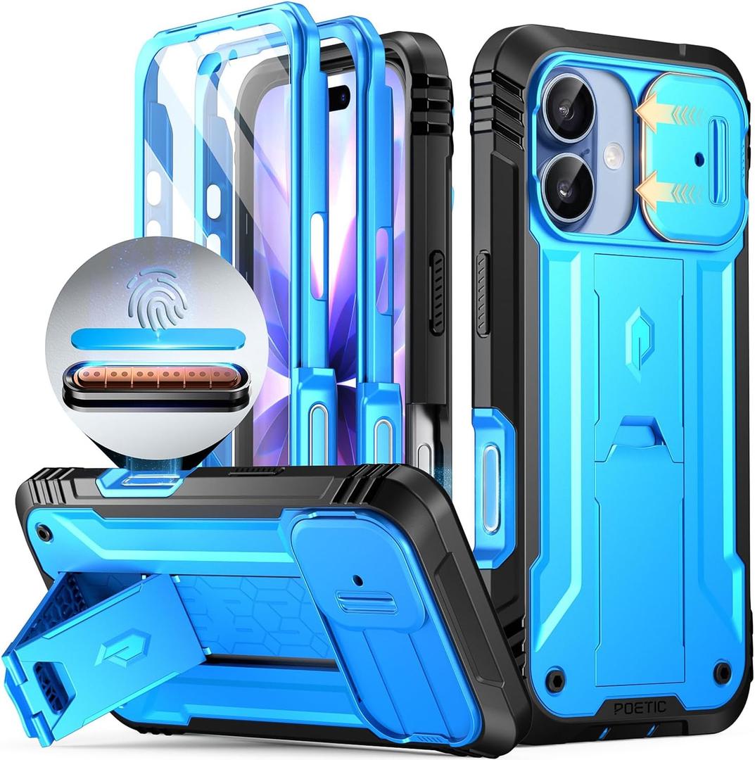 Poetic for iPhone 17 Case with Camera Control Capture Button, [Slide Camera Cover] [Built-in Stand] [Built-in Screen Protector] Full-Body Military Grade Rugged Phone Case for iPhone 17, Light Blue