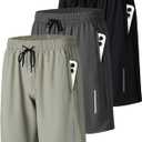 JWJ Mens Athletic Gym Workout Shorts Lightweight Quick Dry Running Basketball Shorts with Zipper Pockets (Medium, 3 Pack Black / Dark Grey / Army)