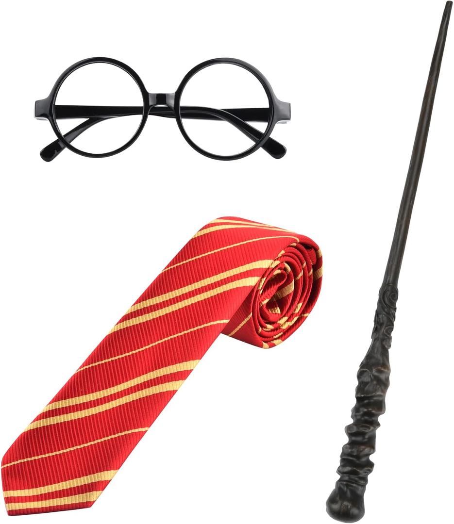 Wizard Costume Accessories Set Cosplay Props Gifts Magic Wand Tie Eyeglass Frame for Fans Birthday Halloween Dress-Up Party