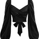 SOLY HUX Women's Lantern Long Sleeve Wrap Ruched Bow Tie Blouse Sweetheart Neck Satin Going Out Crop Tops (Medium, Plain Black)