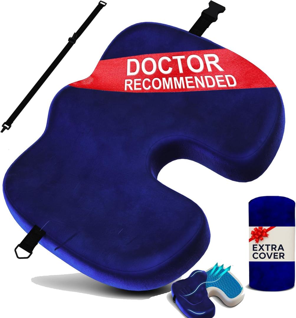 Gel Seat Cushion – Navy Blue Flannel Pillow with Velvet Removable Cover – Ergonomic Sponge Support for Office with Adjustable Strap