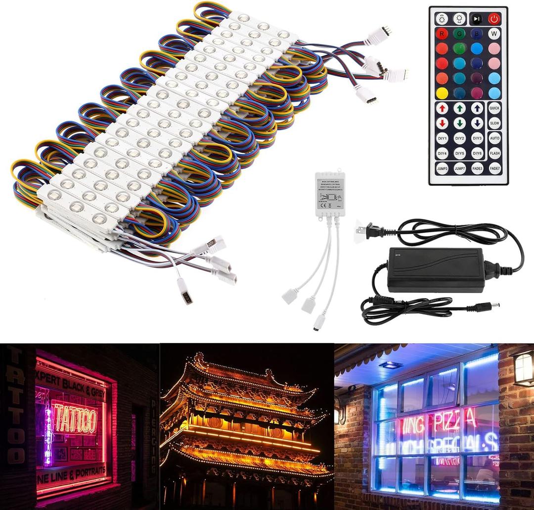 BEAMNOVA 50Ft Commercial RGB Storefront Light Kit for Business with Remote Control, 12v Power Supply Transformer, 100Pcs 3-LED Outdoor Adhesive Waterproof Strip Lights