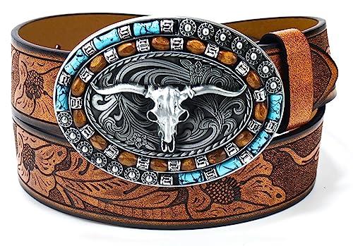 Utaly Western-Leather-Belts-Women Vintage-Country-Cowgirl-Belts Oval Bull Head Mens-Cowboy-Belt for Cowboots, Dress, Jeans 35"- 38" Waist