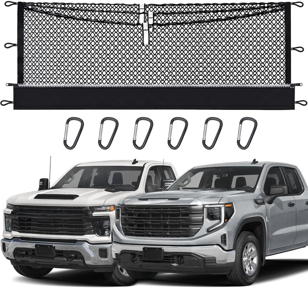 3-Layer Cargo Net for Chevrolet Silverado, GMC Sierra 1500/2500HD/3500HD 2019-2026, Zipper Bag Truck Bed Net for Groceries, Heavy Duty Oxford Cargo Organizer Storage Nets with Carabiners