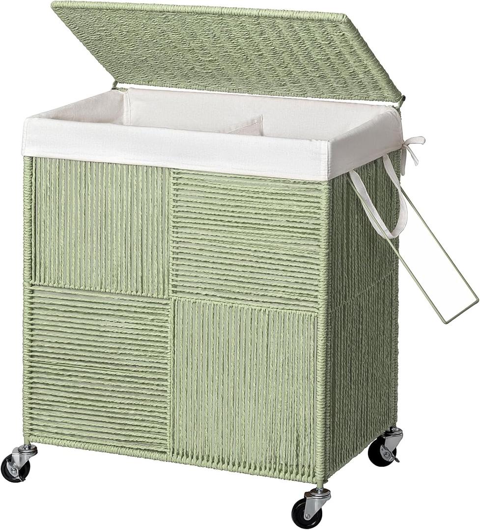 WOWLIVE Double Laundry Hamper with Lid, Handwoven Rolling Laundry Basket with Wheels, 115L Dirty Clothes Hamper with Removable Liner Bag Large Capacity Laundry Sorter Laundry Room Organization,Green