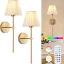 Cordless Battery Operated Wall Sconces Set of 2, Rechargeable Wall Sconce with Remote, Fabric Shade Wireless Wall Sconce Fixtures for Bedroom, Living Room, Bedside (2 Bulbs Included) Gold, 20 inches