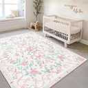 Pink Rug Bow Floral Rug for Girls, 5x7 Washable Area Rugs for Bedroom Living Room, Kitchen,Dining Room,Kids Room, Playroom, Cute Ultra-Thin Non Slip Low Pile Indoor Carpet