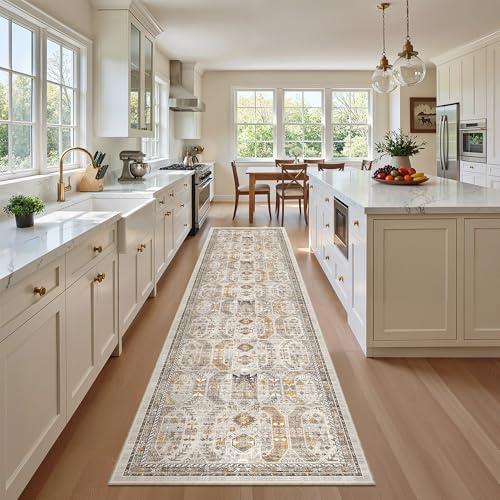 Madane Runner Rugs for Hallway 2x10 Long Washable Non-Slip Hallway Runner Rug Low-Pile Stair Kitchen Runner Throw Carpet for Entrance Living Dining Laundry Room (Brown/Gold, 2 x 10)
