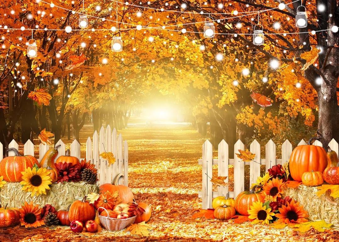 LYCGS 8x6ft Fall Photo Backdrop Thanksgiving & Autumn Forest Scene with Pumpkins Fall Photography Backdrop X-305