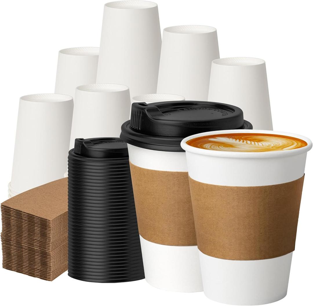 100 Pack 12 oz Disposable Coffee Cups with Lids and Sleeves, Paper Coffee Cups for Hot/Cold Drinks, Leak-Proof To Go Cups with Lids for Home, Cafes, Events and Office