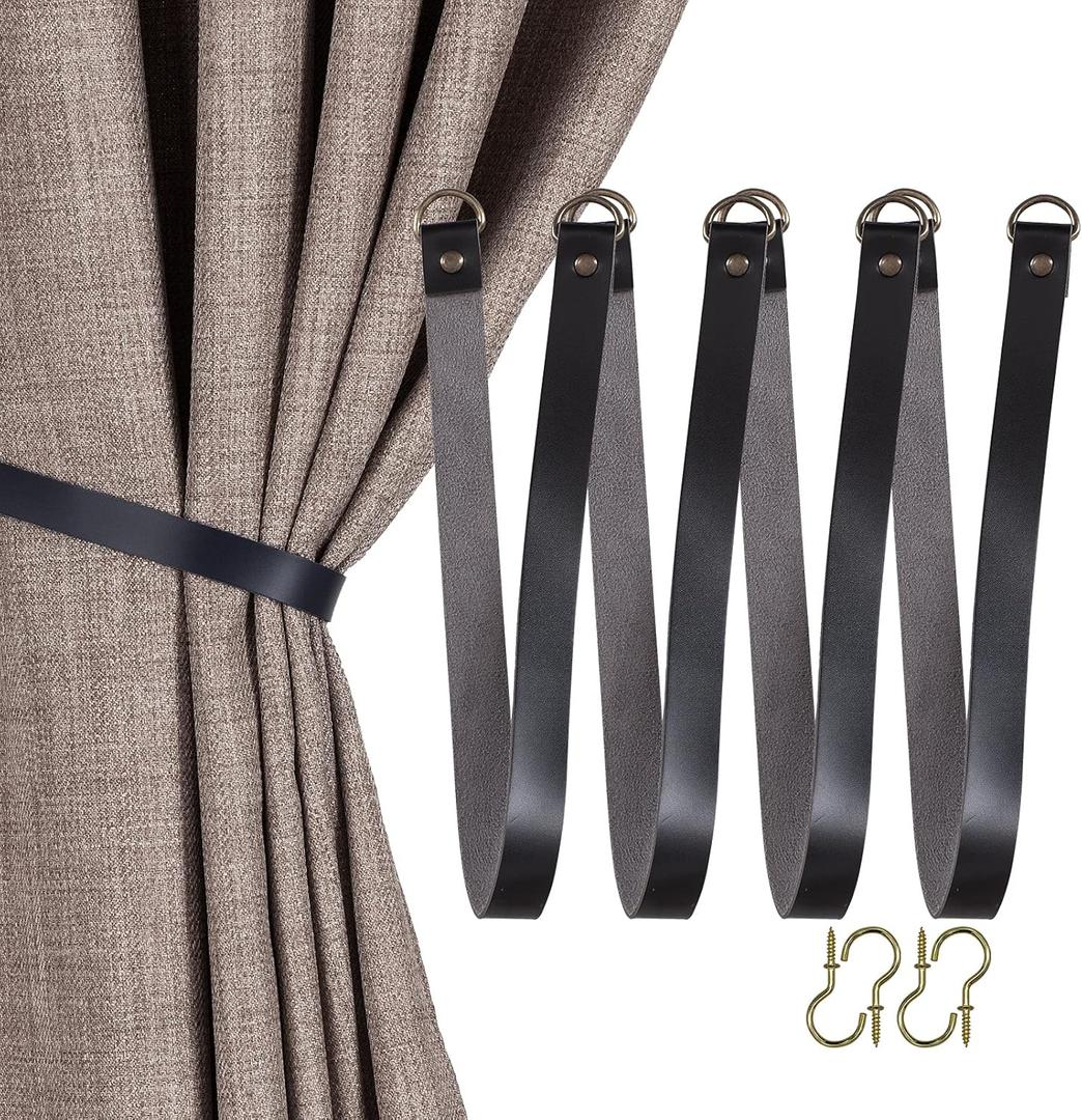Home Queen Black Leather Curtain Tie Backs, Outdoor Drape Holder Holdbacks Tiebacks with Wall Hooks, 4 Pack