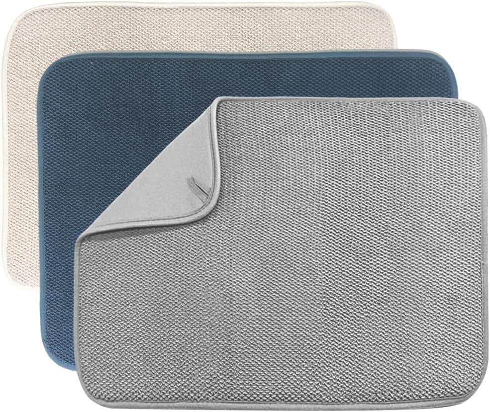 3 Pack Dish Drying Mat,Absorbent Microfiber Dishes Drainer Mats for Kitchen Counter Large Size 20 X 15 Inch,Dish Drying Pad(Beige/Grey/Blue)
