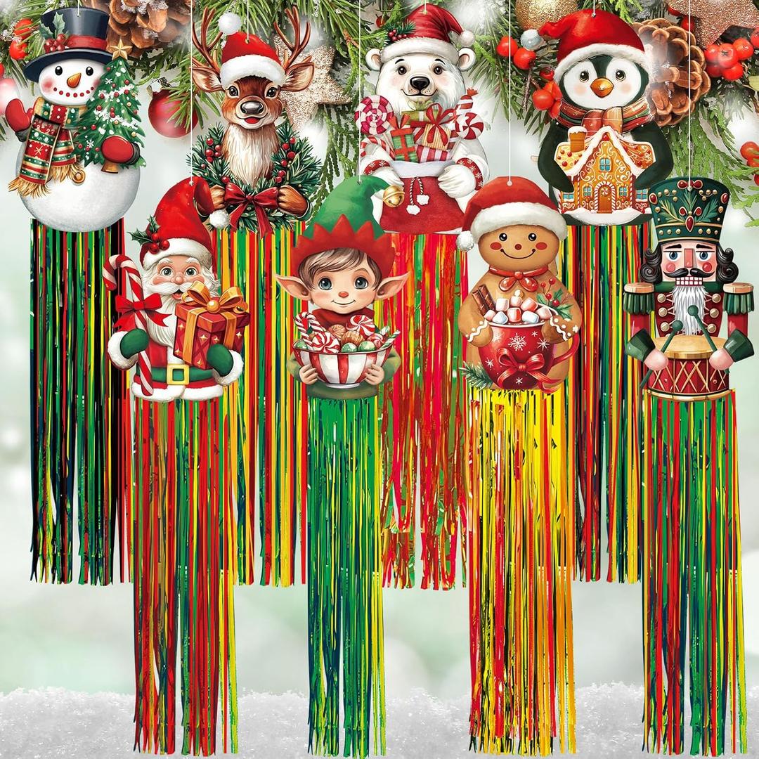 8pcs Christmas Outdoor Decorations with Tassels Christmas Hanging Santa Claus Yard Decoration for Outside 3.3ft Xmas Windsocks Signs for Home Wall Tree Lawn Yard Party Supplies Garden Decor