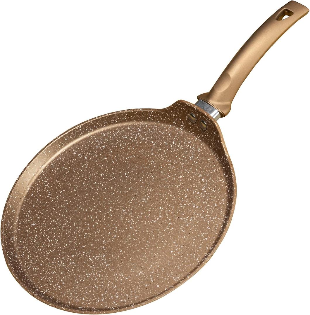 Innerwell 11 inch Nonstick Crepe Pan, Granite Coating Flat Skillet Dosa Tawa Tortilla Pan, Large Pancake Griddle Comal Pan, Compatible with All Stovetops, PFOA Free (Gold)