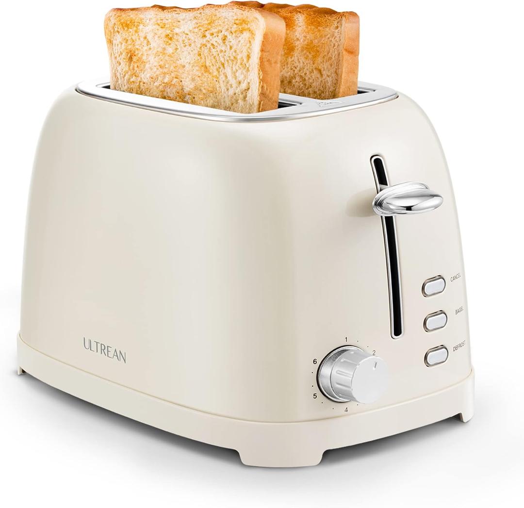 Ultrean Toaster 2 Slice with Extra-Wide Slot for Toasting Bagels, Breads, Waffles & More, Stainless Steel Material with Removable Crumb Tray, 6 Browning Settings (Cream)