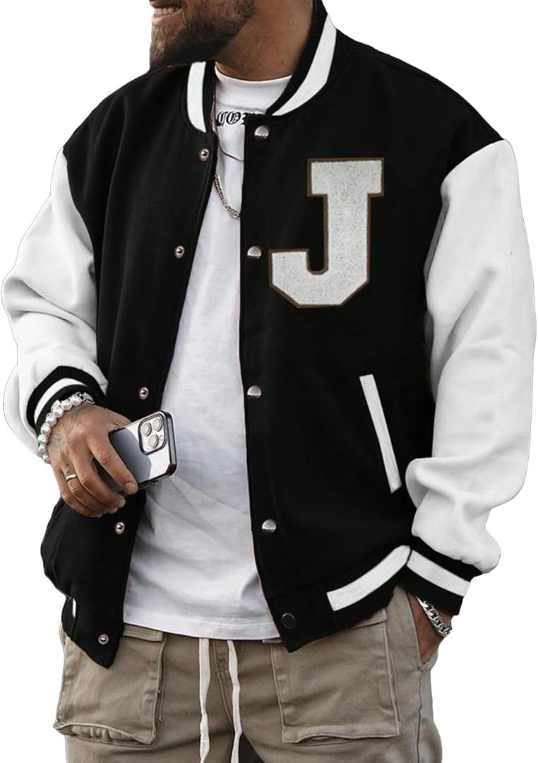 SOLY HUX Men's Bomber Jacket Color Block Letter Graphic Long Sleeve Baseball Varsity Jacket Coat (XX-Large, Black and White Letter)