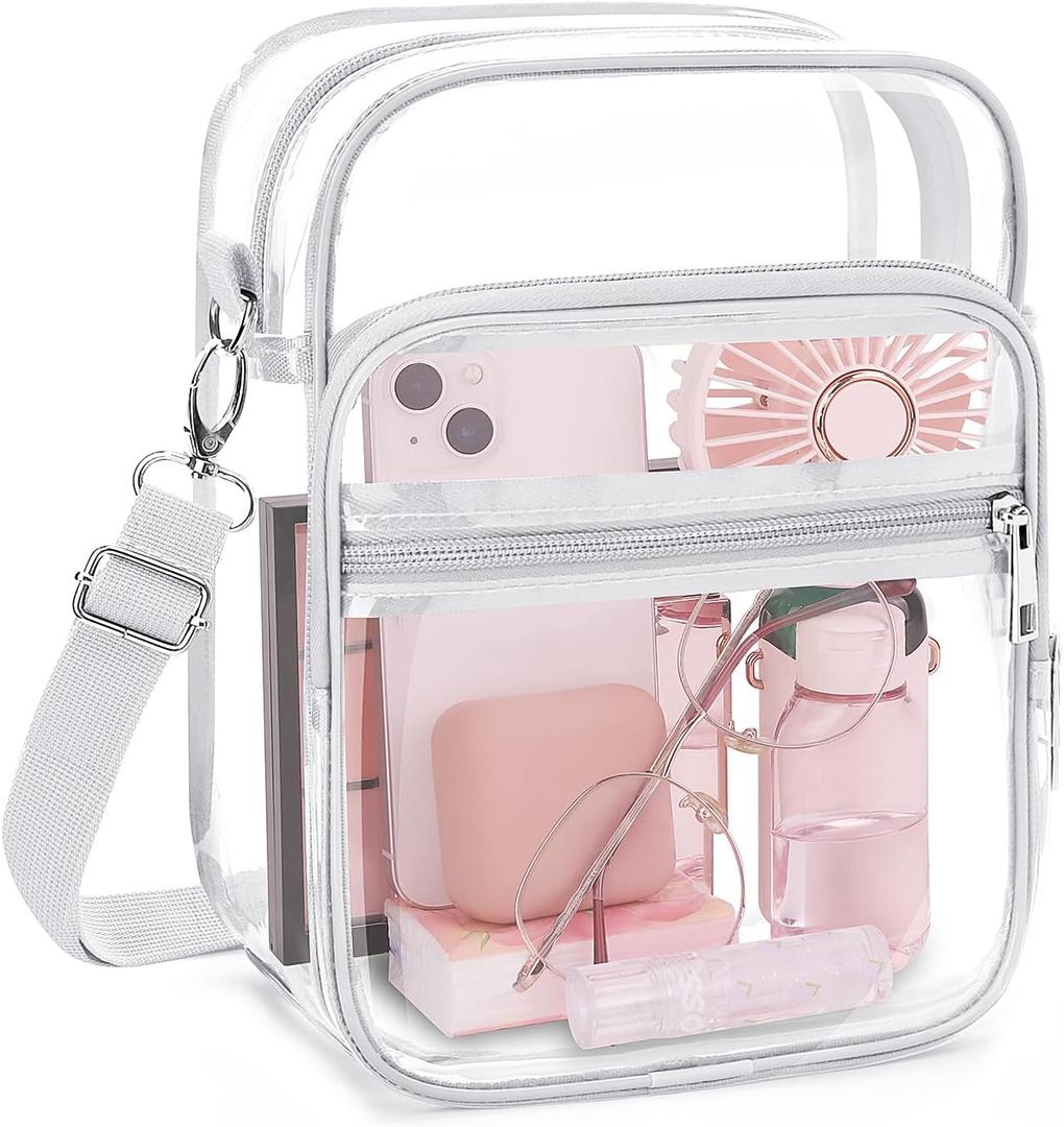 Blvornl Clear Crossbody Bag with Adjustable Shoulder Strap, Stadium Approved PVC Purse Bag, Messenger Bag (Small, White)